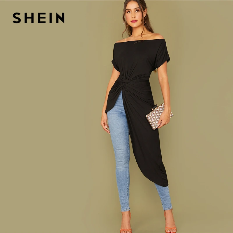SHEIN черный с плеча твист Спереди асимметричный подол Bardot футболка Женские топы осень короткий рукав Твердые Элегантные футболки