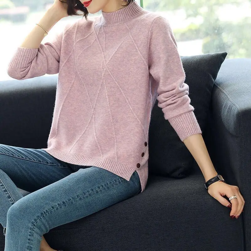 

Korean Style Loose Sweater Women Pullover Casual Half Turtleneck Long Sleeve Knit Sweater Female Jumpers Solid Basic Sweater