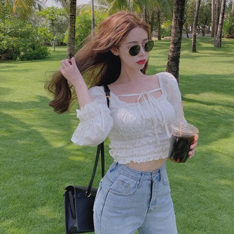 

Design Sense Bandage Puff Sleeve Square Neck Pleated Crop Top Women's 2021 Summer Korean Style Kawaii Fairy Fashion Short Shirt