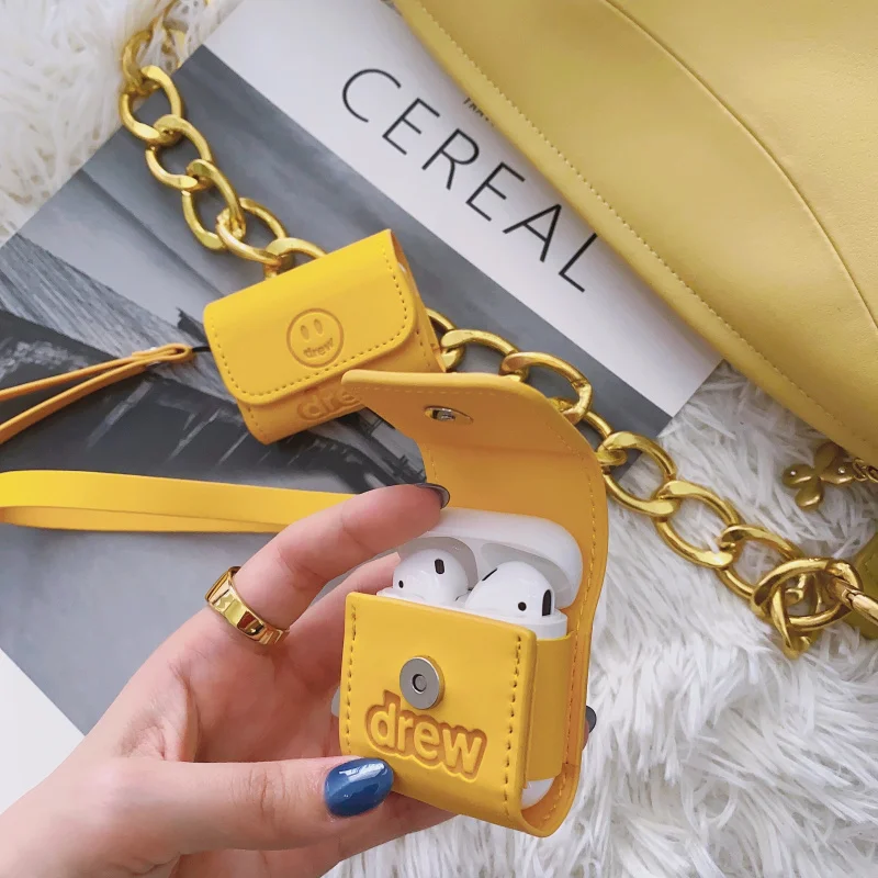 

Brand Cute Yellow Leather Earphone Case for Airpods 1 2 Pro Wireless Bluetooth Headset Protective Shell Cover with Lanyard