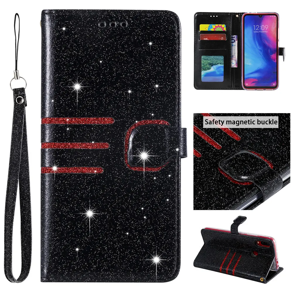 Роскошный блестящий чехол-книжка для Xiaomi Redmi Note 7 mi 8 Lite, чехол для телефона с отделениями для карт, Landyard