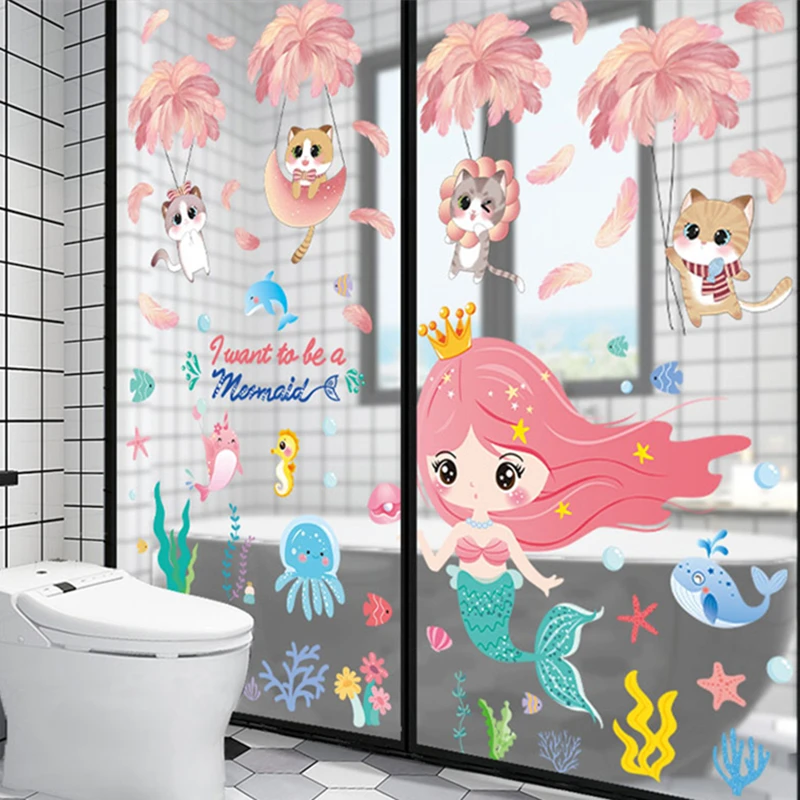 

[SHIJUEHEZI] Girl Mermaid Wall Stickers DIY Cats Animals Feathers Wall Decals for Kids Room Baby Bedroom Nursery Home Decoration
