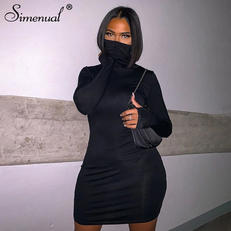 

Simenual Turtleneck Long Sleeve Bodycon Mini Dresses Women Black Fashion 2021 Autumn Clubwear Party Dress Skinny Sexy Hot Outfit