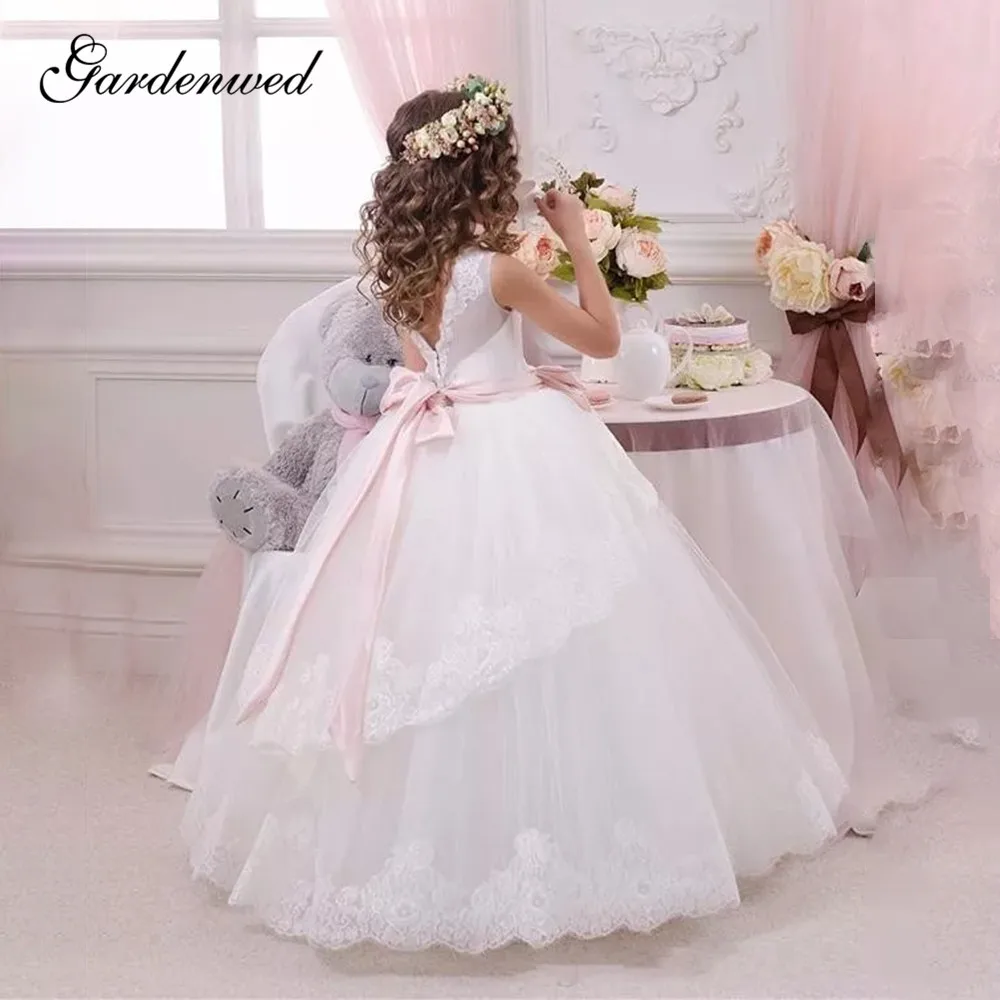 Кружевное пышное платье цвета слоновой кости для причастия Тюлевое девушек