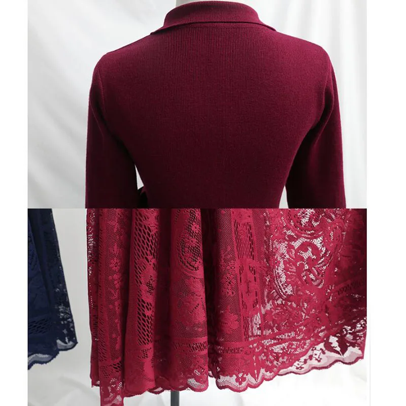 

High Quality Vintage Suit Collar Autumn Women Dress Long sleeve Office Lady Knitted patchwork Lace Dress Slim A-line Long Dress
