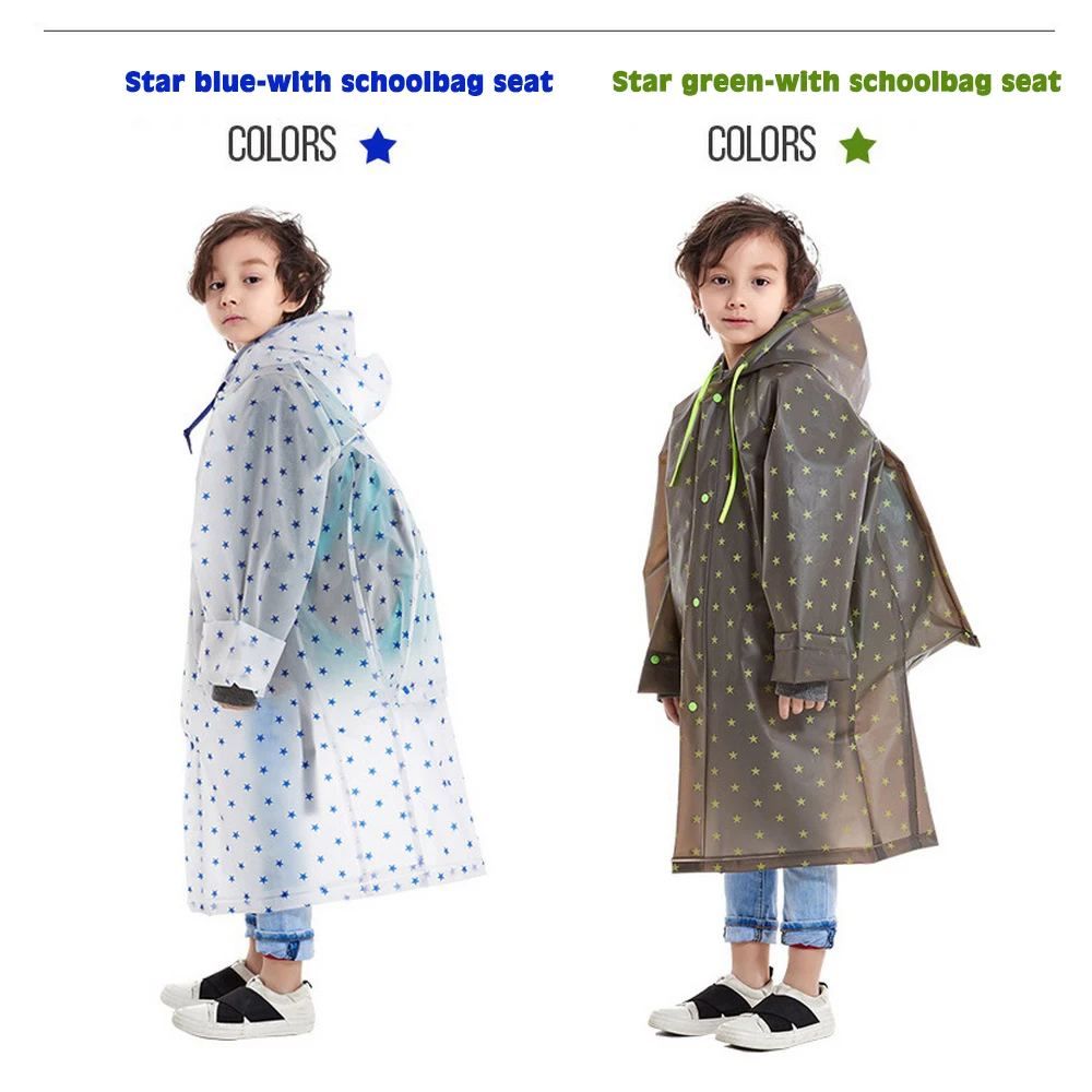 

Kids Raincoat Thickened Waterproof Star Prints Children's Hooded Rain Poncho With Schoolbag Bit for Camping Fishing Boys Girls
