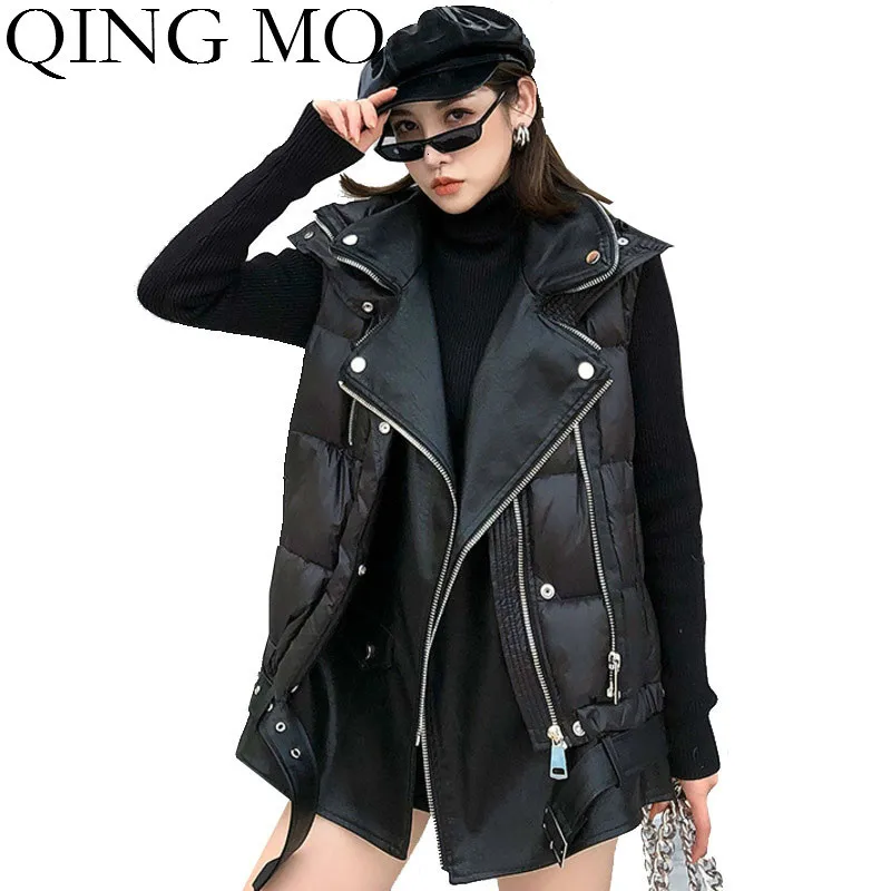 QING MO черный женский жилет из искусственной кожи в стиле пэтчворк 2019 женские
