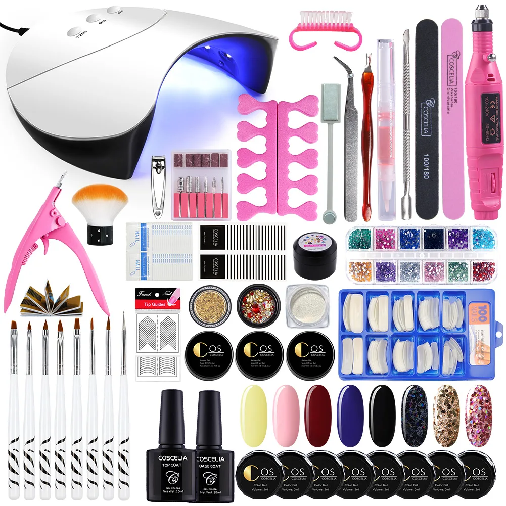 8 color Set 07 COSCELIA 36 Вт УФ-светодиодный светильник для сушки маникюра, гель для наращивания ногтей, дрель для ногтей, Гель-лак для ногтей, наборы для ногтей, верхнее Базовое покрытие, маникюрный набор - Цвет: 8 color Set 07