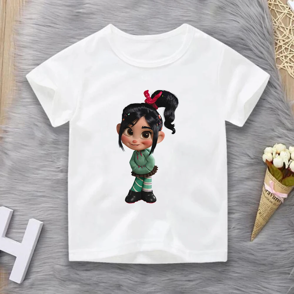 

Детская Новая летняя футболка, непослушная Милая одежда Vanellope с коротким рукавом, топ для маленьких девочек с героями мультфильмов Диснея, Детская футболка