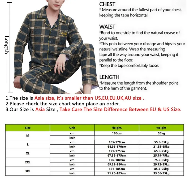 Пижамный комплект Мужской Хлопковый в полоску одежда для сна длинные штаны с