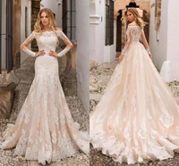 gorgeous champagne mermaid wedding dresses off shoulder lace appliques sheer long sleeves tulle bridal gowns engagement dress