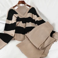 womens hanging neck striped sexy long sleeved knitted top with straight tube show thin broad legged trousers two piece set suit