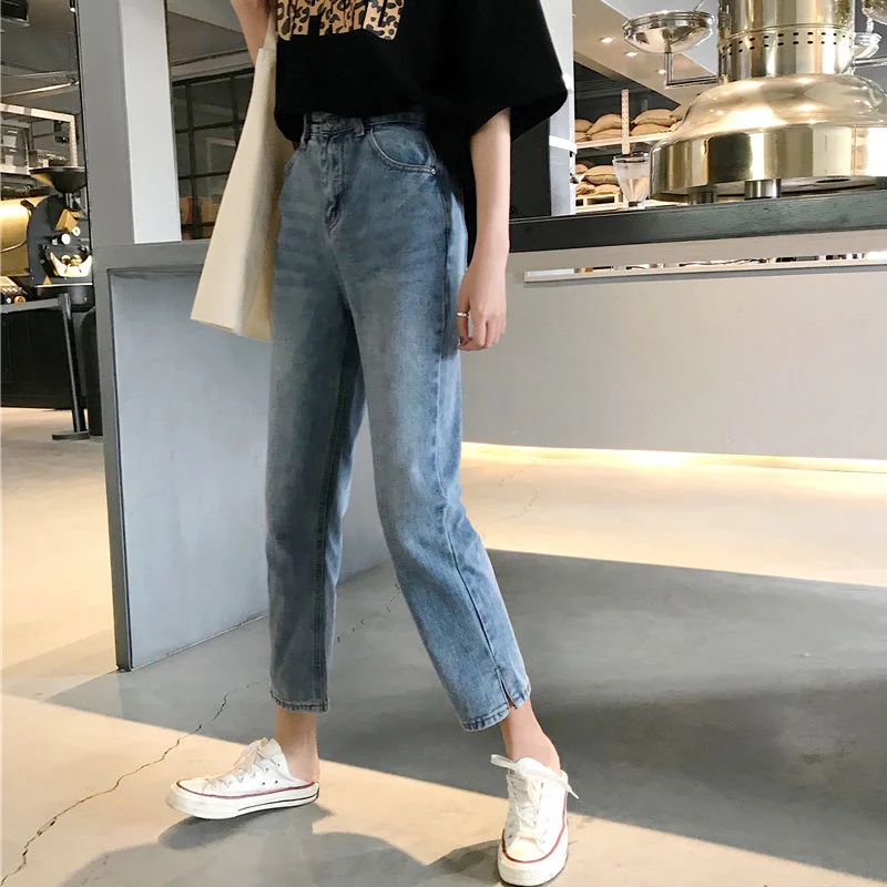 

Women's Light-Colored Split Thin Jeans Summer Autumn Korean Style Loose High Waist Casual Cropped Skinny Pants Slim-Fitting