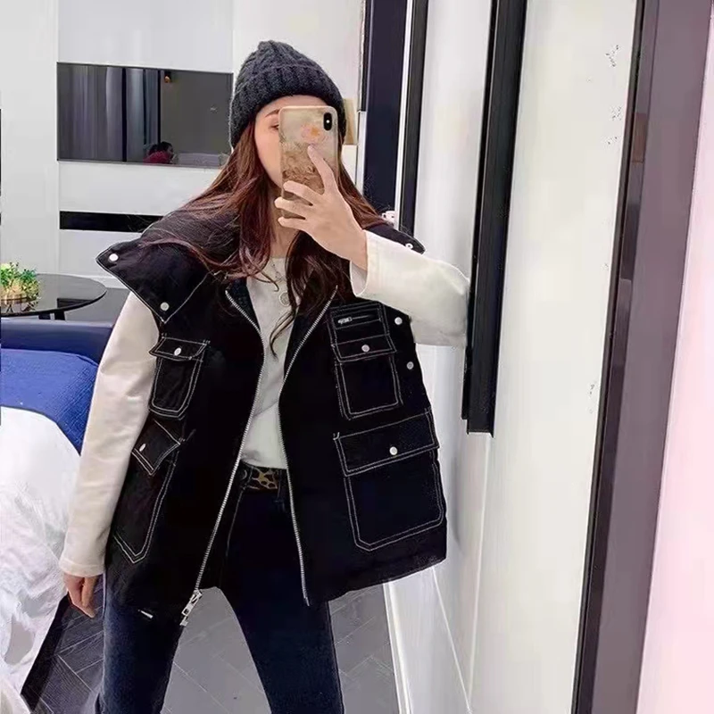 

High grade work style stand collar down jacket 2021 winter women's new real two removable waistcoat office lady brand casual