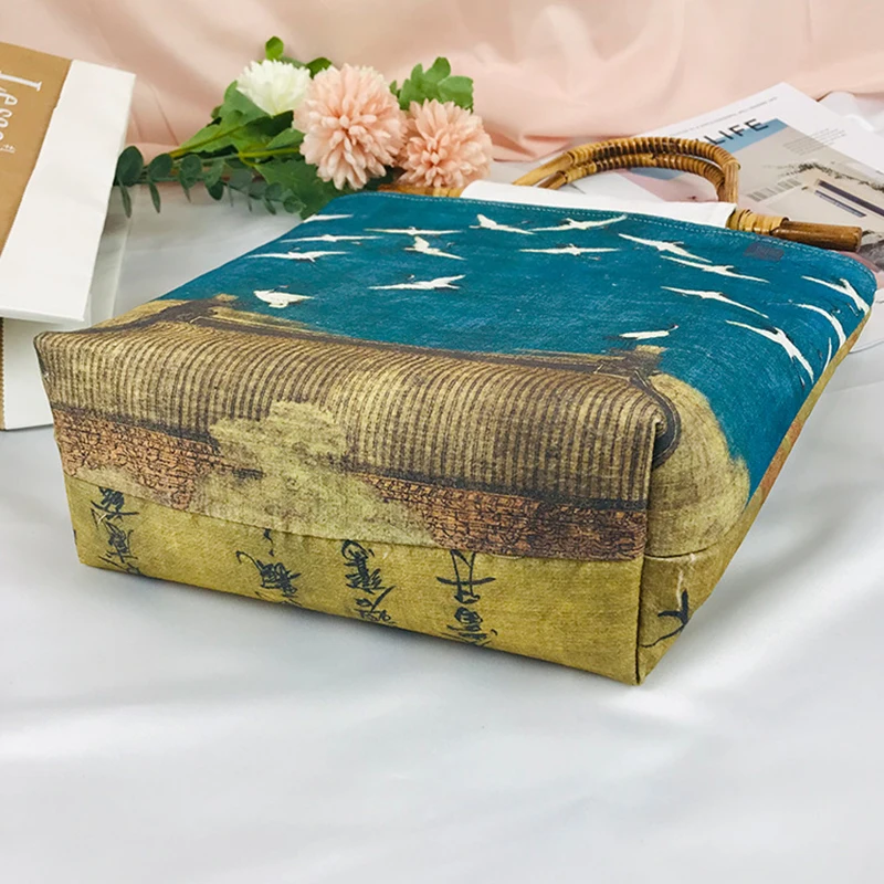 Льняная женская сумка с рисунком Журавля Бамбуковая через плечо для студентов