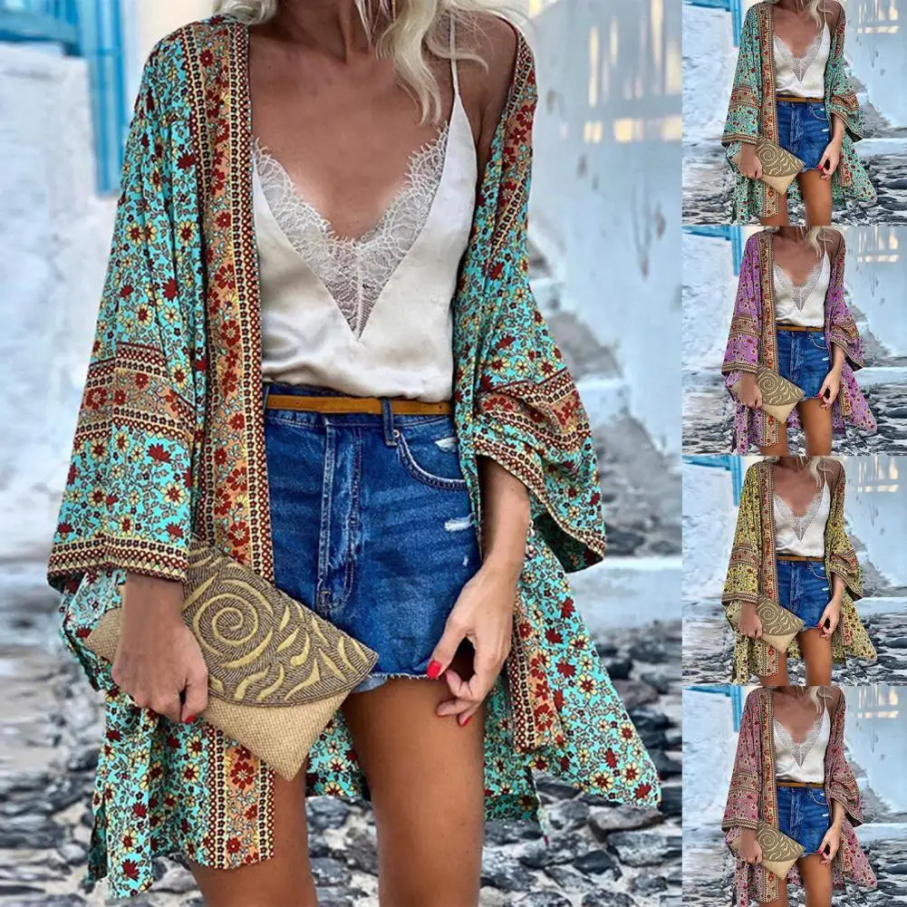 

Women Summer Open Front Long Sleeve Blouse Kimono Bohemian Floral Printed Cardigan Vintage Blusas Casual Loose Beach Tops