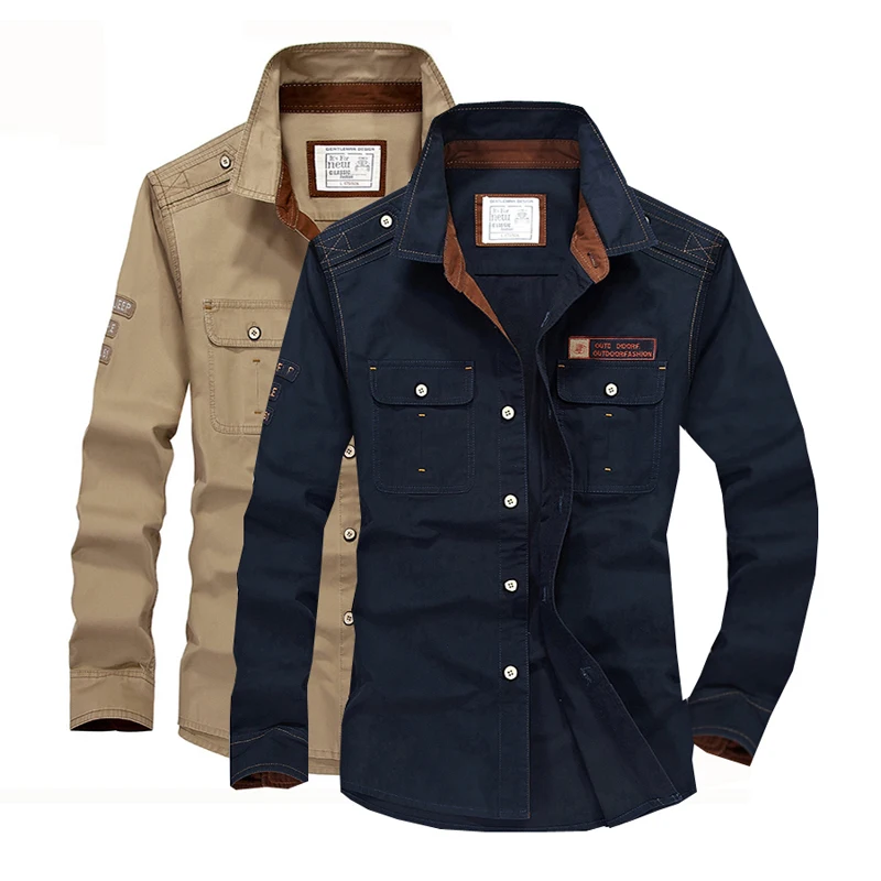 Рубашка мужская с длинным рукавом в стиле милитари размеры до 5XL|Повседневные