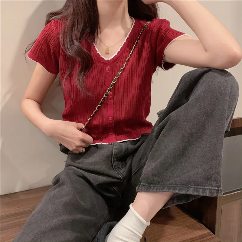 

Women's Elegant Purple V-Collar Knitted Short-Sleeved T-shirt Summer Scheming Design Cropped BM Top with High-Waisted Trousers