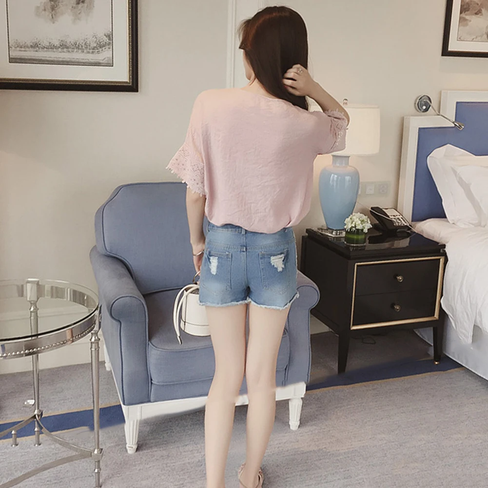 

Casual Women Solid Color V Neck Short Sleeve Lace Loose Chiffon T-shirt Blouse