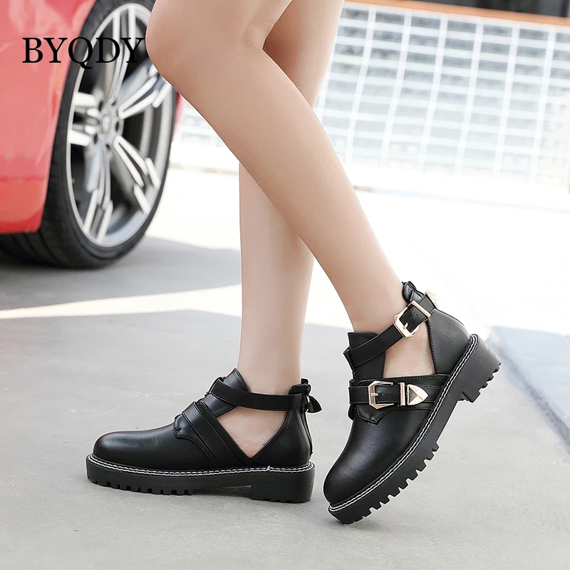 

BYQDY Spring Autumn Women Ankle Boots Chunky Heels Woman Leather Shoes Buckle Strap Ladies Round Toe Female Punk Rome Footwear