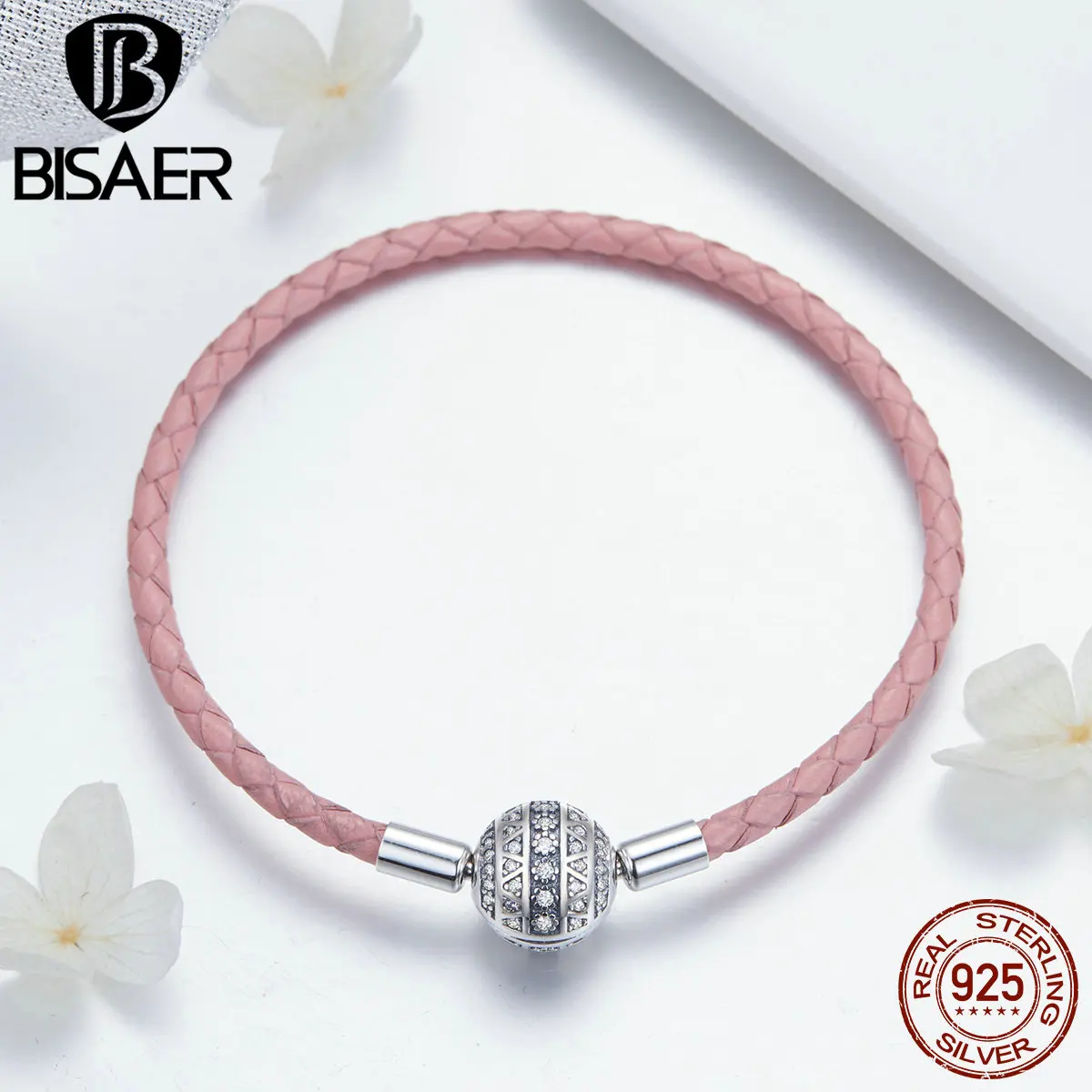 BISAER, настоящее 925 пробы, серебристо-розовые браслеты из веревки и кожи для женщин, прозрачные CZ круглые браслеты с застежкой, серебряные ювелирные изделия ECB114