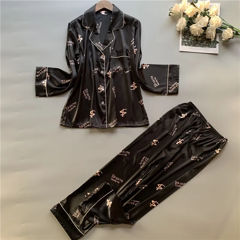 Женские атласные пижамы с цветочным принтом пижамные комплекты длинным рукавом