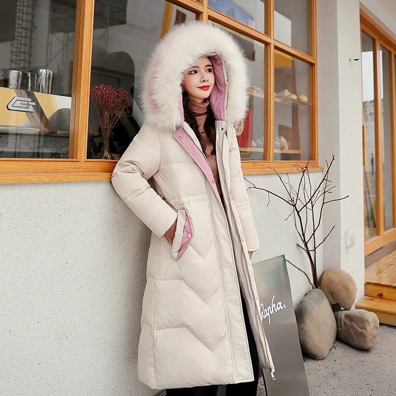 Women's winter down jacket plus size slim long womens coats Korean style solid hooded with fur collar thick female parkas | Женская