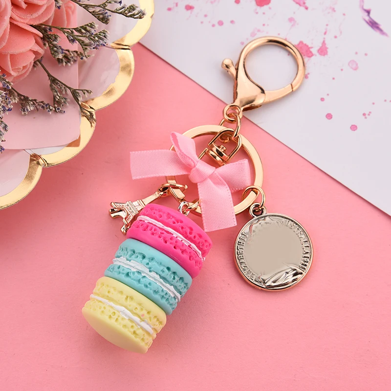 

New Women Macaron Cake Key chain with Bow Knot Keychain Charm Bag Pendant Key Ring Holder Party Gift Woemen Jewelry EH105