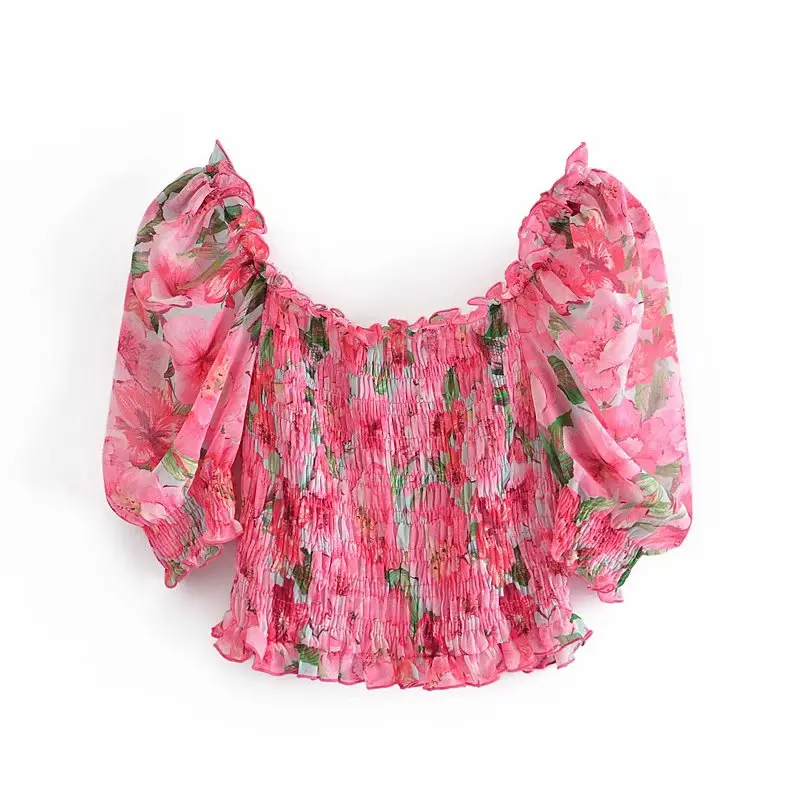 

2021 New ZA Summer Women Blouse Puff Sleeve Floral Printed SlashCollar Female Loose Ruffles Thin Top Blouse