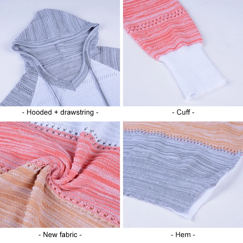 

2021 Autumn Women Casual Long Sleeve Knitted Sweater TopV Neck Patchwork Hooded Sweater Winter Striped Elegant Pullover Jumpers