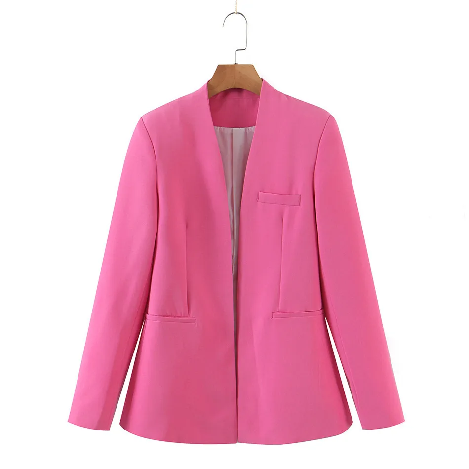 

CHYAOWU Pink Small Blazer Jacket Women 2021 Long Sleeve Solid Color Jacket Autumn Elegant Tops Office Lady Slim Suit Outerwear