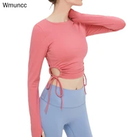 wmuncc nude yoga shirts womens long sleeve navel exposed slim fit sports fitness top running clothes quick dry