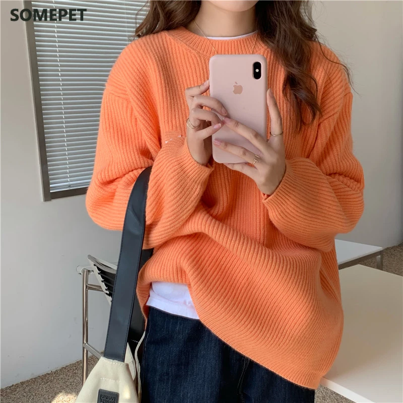 

Повседневный мягкий свитер, женские осенне-зимние винтажные теплые пуловеры оверсайз, женская повседневная трикотажная одежда, однотонные женские джемперы
