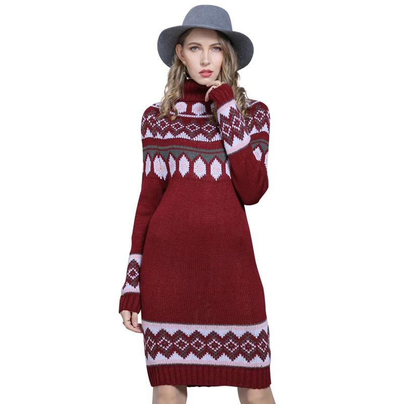 

2021 European and American style geometric jacquard thick turtleneck sweater Slim long knitted dress