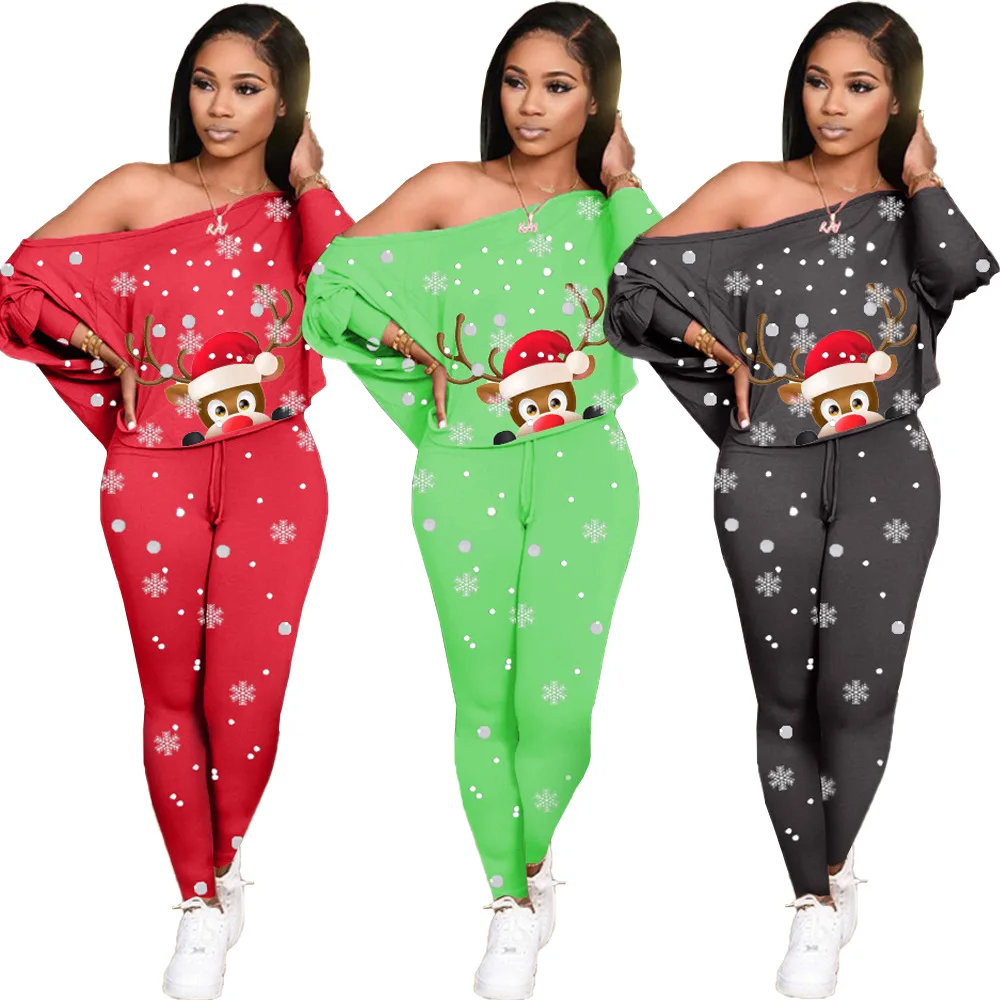 

2021Christmas Print Women Tracksuit Off Shoulder Long Sleeve Loose Tops And Pants Casual Two Piece Set Leisure Home Clothes Wear