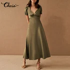 Летний сарафан Celmia, пикантное атласное женское длинное платье макси с V-образным вырезом, модное повседневное свободное Плиссированное вечернее платье с пышными короткими рукавами