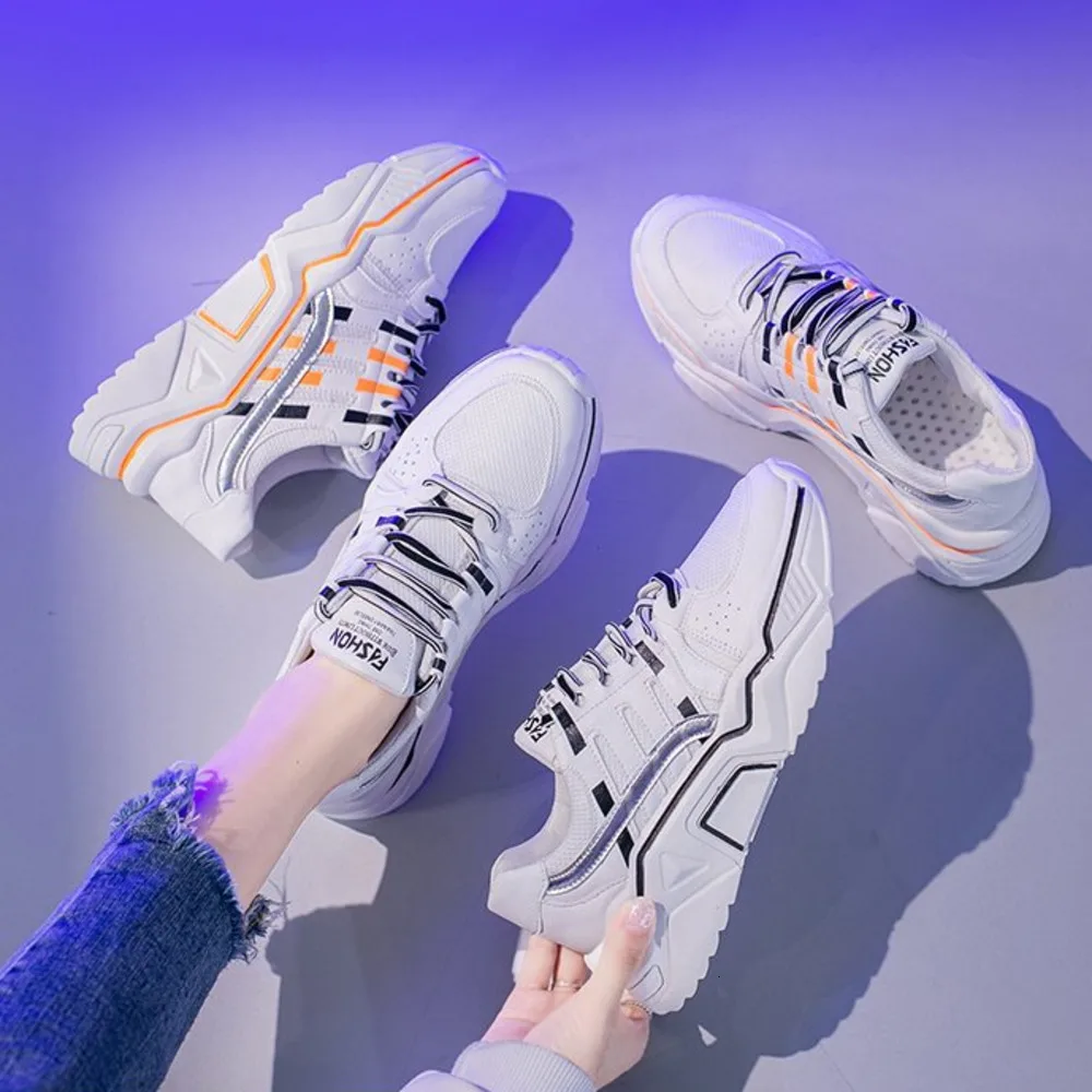 Женские белые кроссовки для папы блестящая Лоскутная обувь на массивной