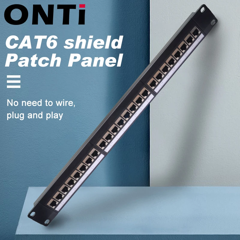 ONTi 19in 1U Rack 24 Port CAT6 Shielded Patch Panel RJ45 Network Cable Adapter Keystone Jack Ethernet Distribution Frame