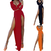 women sexy two piece clothes set solid color deep v neck long sleeve crop tops and slit skit