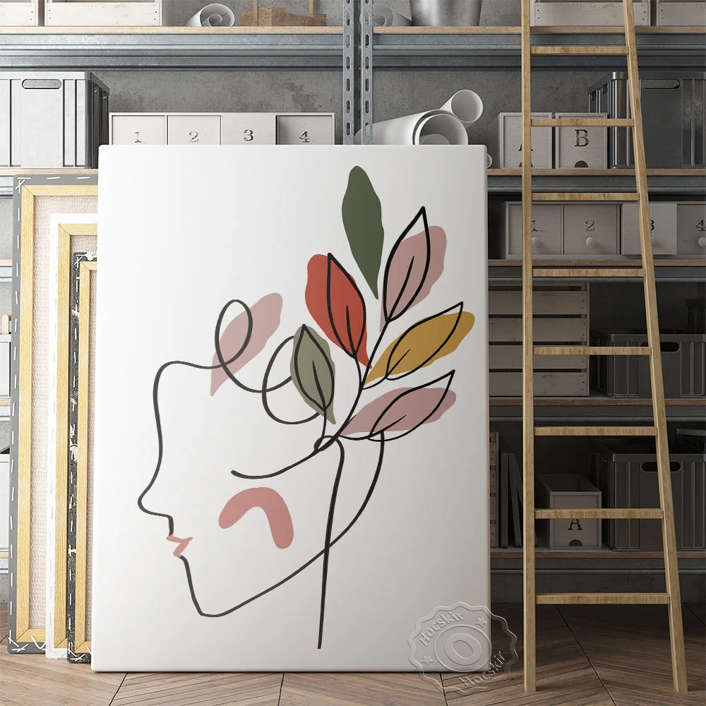 

Abstract Female Face prints Poster, One Line Drawing Art Prints, Woman leaf Wall Art, Minimalist Girl Portrait Illustration Gift