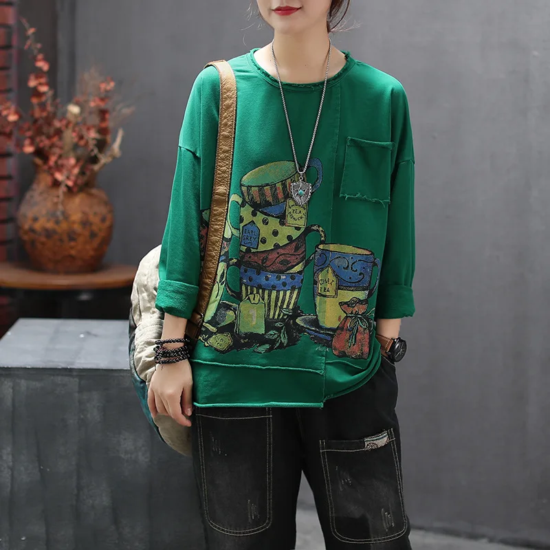 Осенняя футболка Женская Ретро свободные пуловеры большого размера 2019 новые