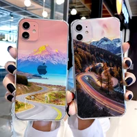 highway snow snowy road scenery transparent phone case for iphone 13 11 12 pro max x xs max xr 7 8 plus se 2020 soft clear cover