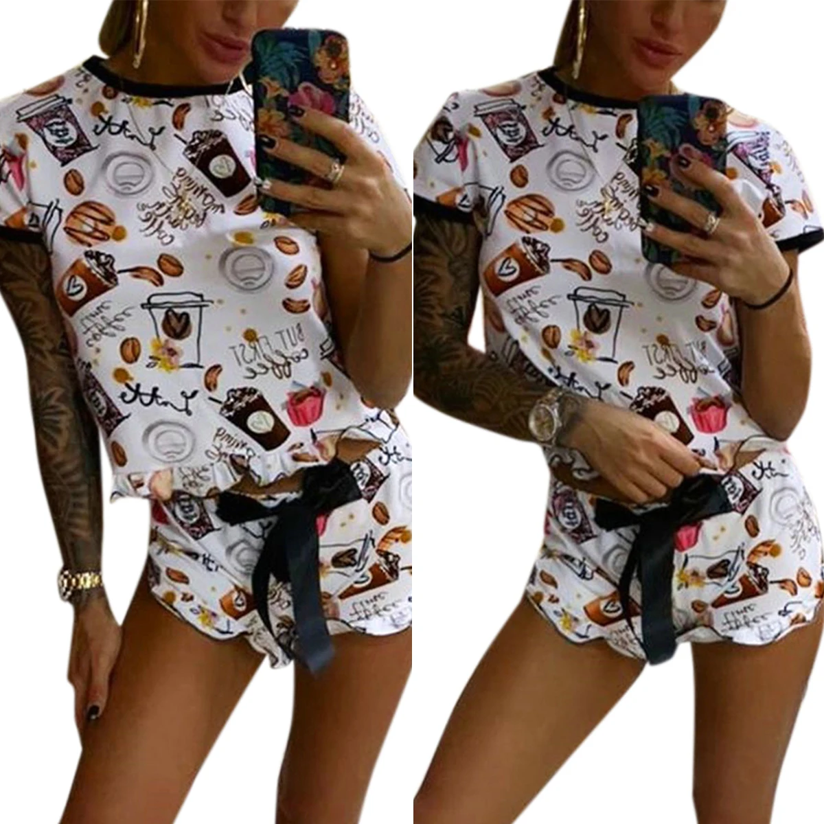 

Graphic Print Women Suits Two Piece Set Round Neck Short Sleeve Tops Bow Elastic Mid Waist Shorts Slim Casual Homewear