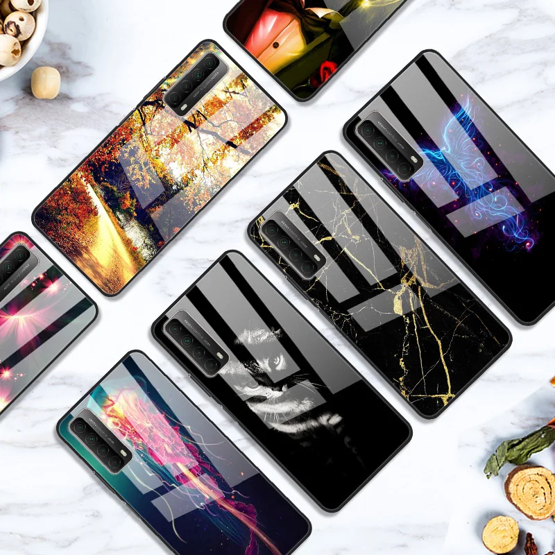 Стеклянный чехол для Huawei Y7A задняя крышка телефона с черным силиконовым бампером