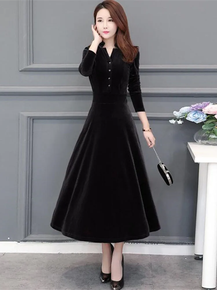 Высококачественное женское осенне зимнее платье винтажное однотонное бархатное