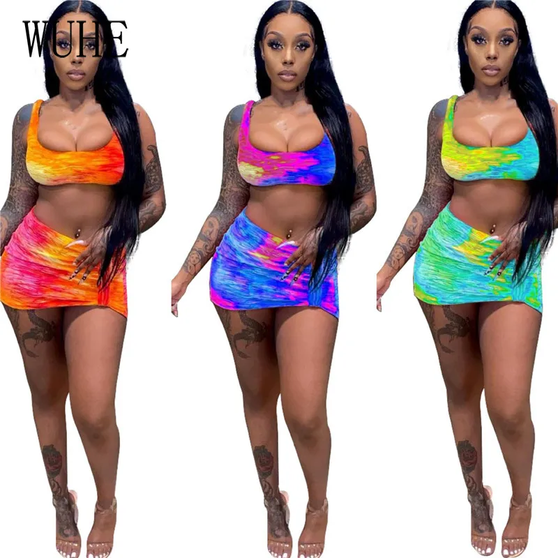 

KEXU Casual Outfits Tie Dye Print Off Shoulder Square Collar Sleeveless Crop Top and Pleated Mini Skirts Nightclub Party 2 Sets