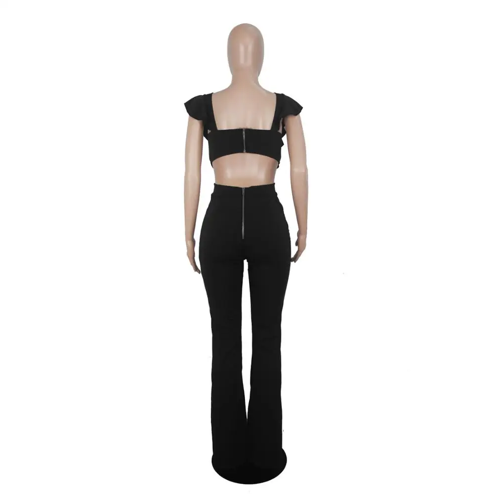 

Solid Patchwork Ruffles Wrap Belted Wide Leg Pants Black Jumpsuit Women Casual Streetwear Overalls Sexy Outfits Clubwear Rompers