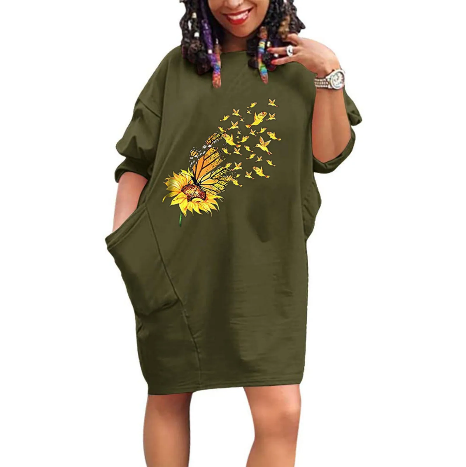 

40# Half Sleeve Plus Size Dress Women Butterfly Print Vintage Pullover Dress Woman Loose Straight Dresses For Women Vestidos