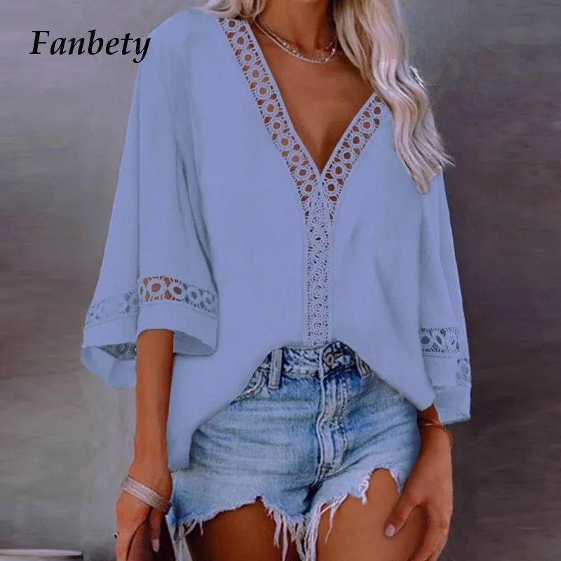 

Women Elegant Lace Hollow Out Summer Blouse Shirts 2021 Summer Sexy V-Neck Short Sleeve Loose Top Female Casual Blusa Streetwear