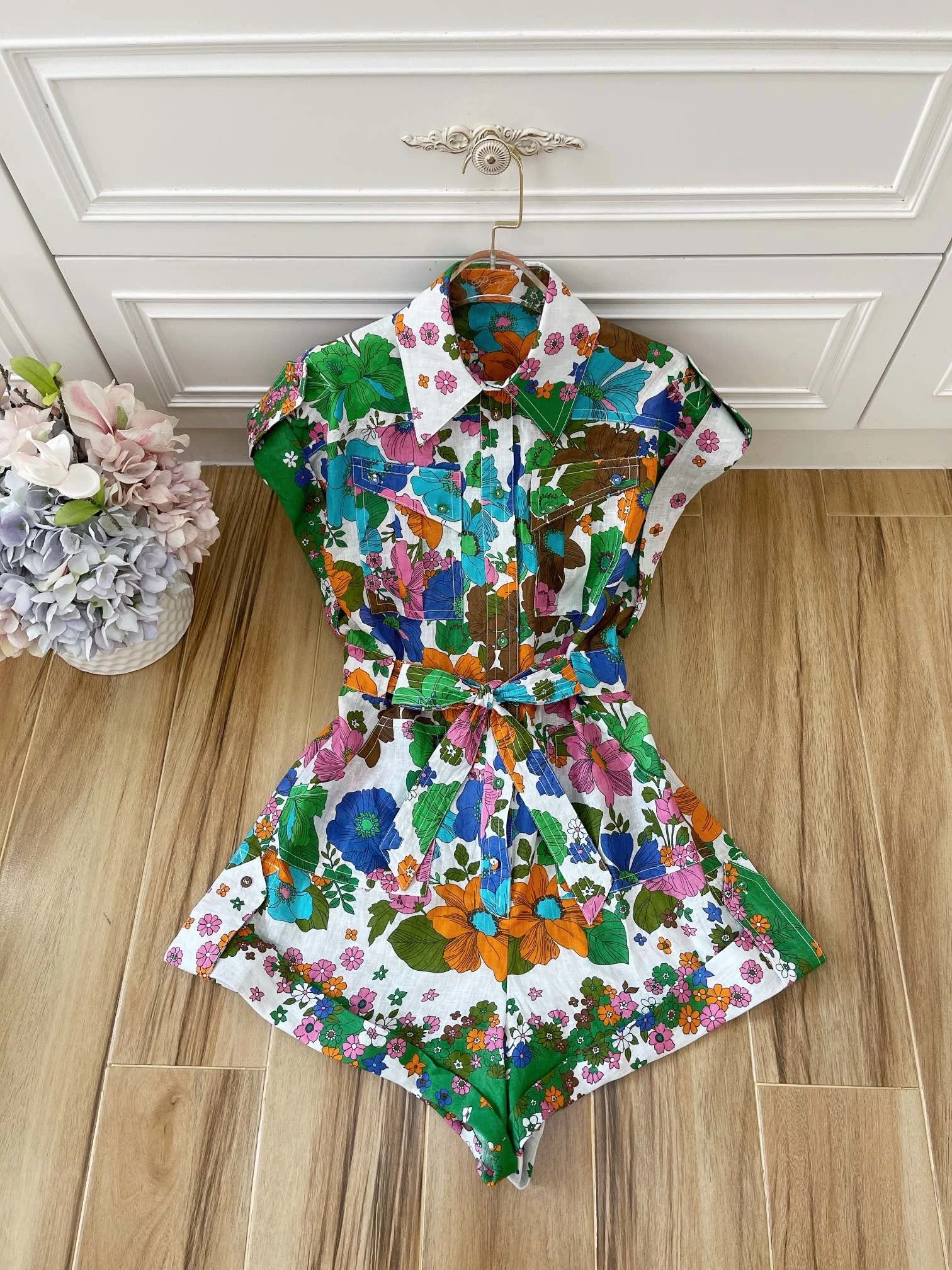 

High 2021SS Summer Quality Luxury Female Prints 100% Linen Jumpsuits Rompers Women Fashion Playsuits 2 Color Gdnz 5.24